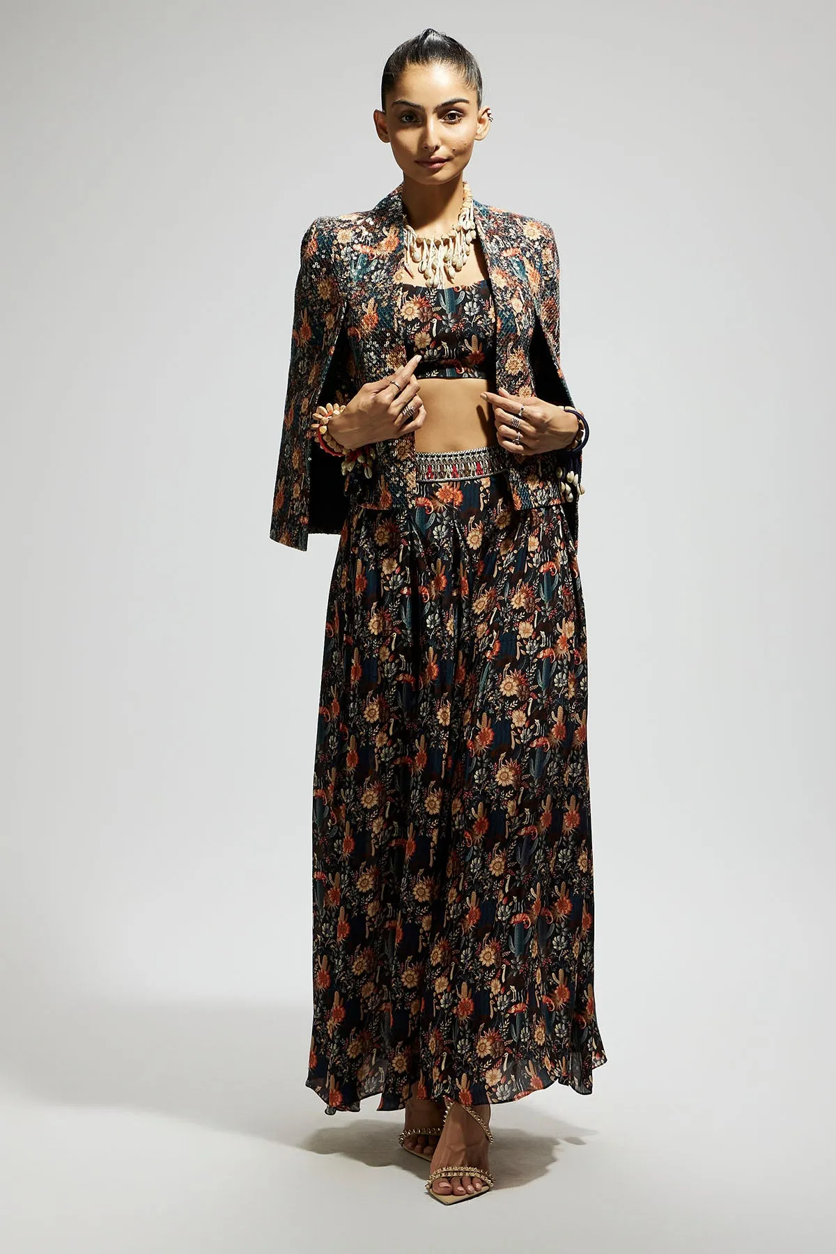 Black Jaal Embellished Cape Jacket Set