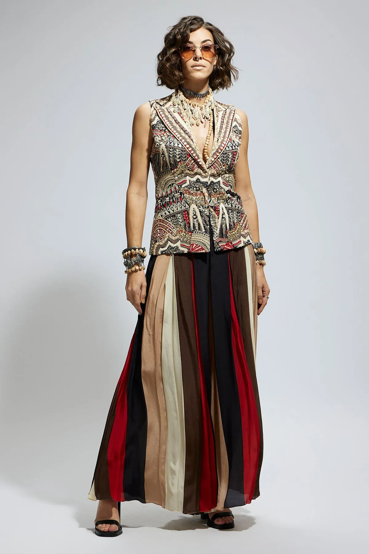 Blue Abstract Embellished Jacket Paired with Samsara Stripe Flared Pants