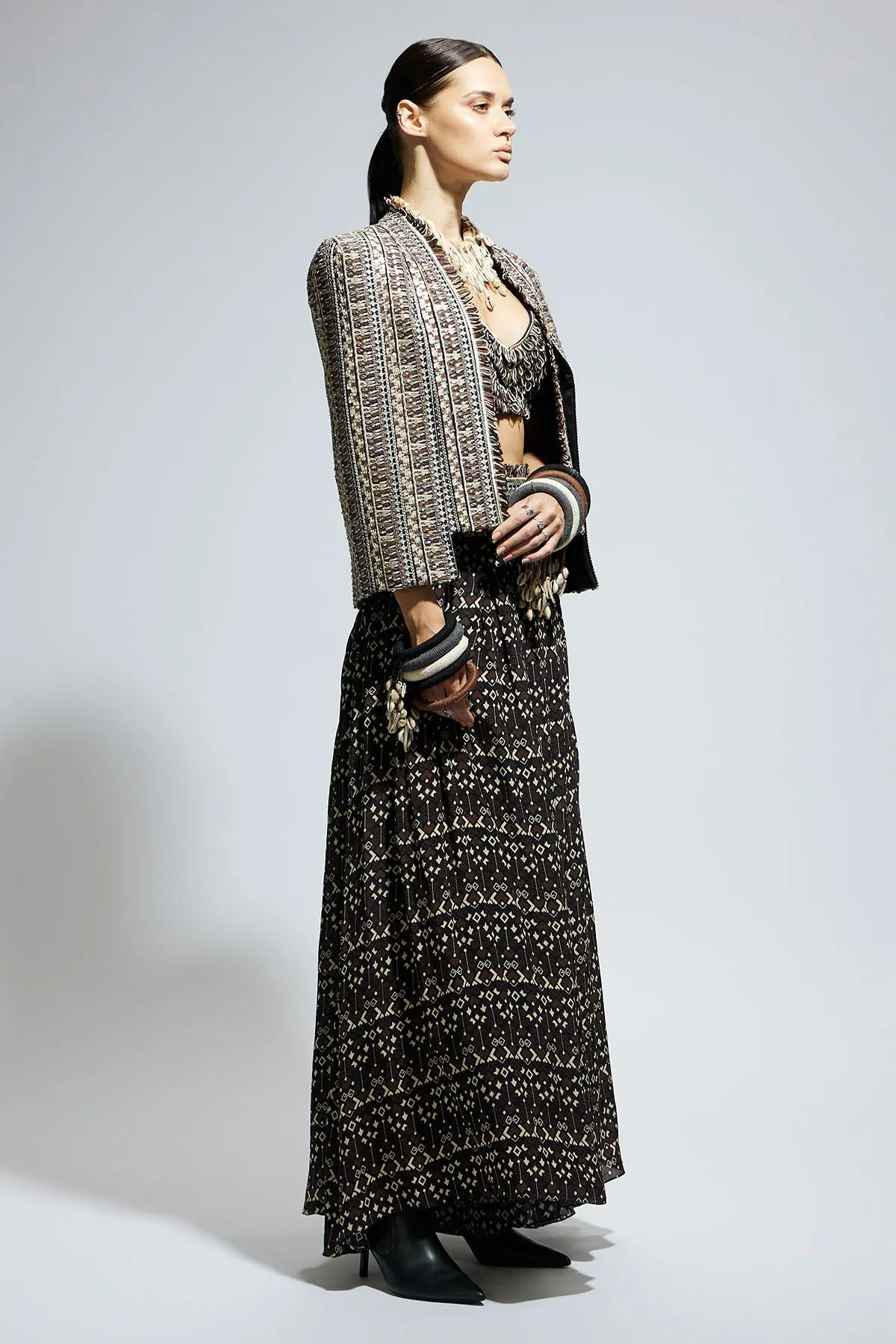 Brown Threadwork Cape Jacket Paired with Textured Bustier and Flared Pants