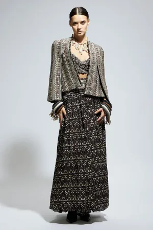 Brown Threadwork Cape Jacket Paired with Textured Bustier and Flared Pants