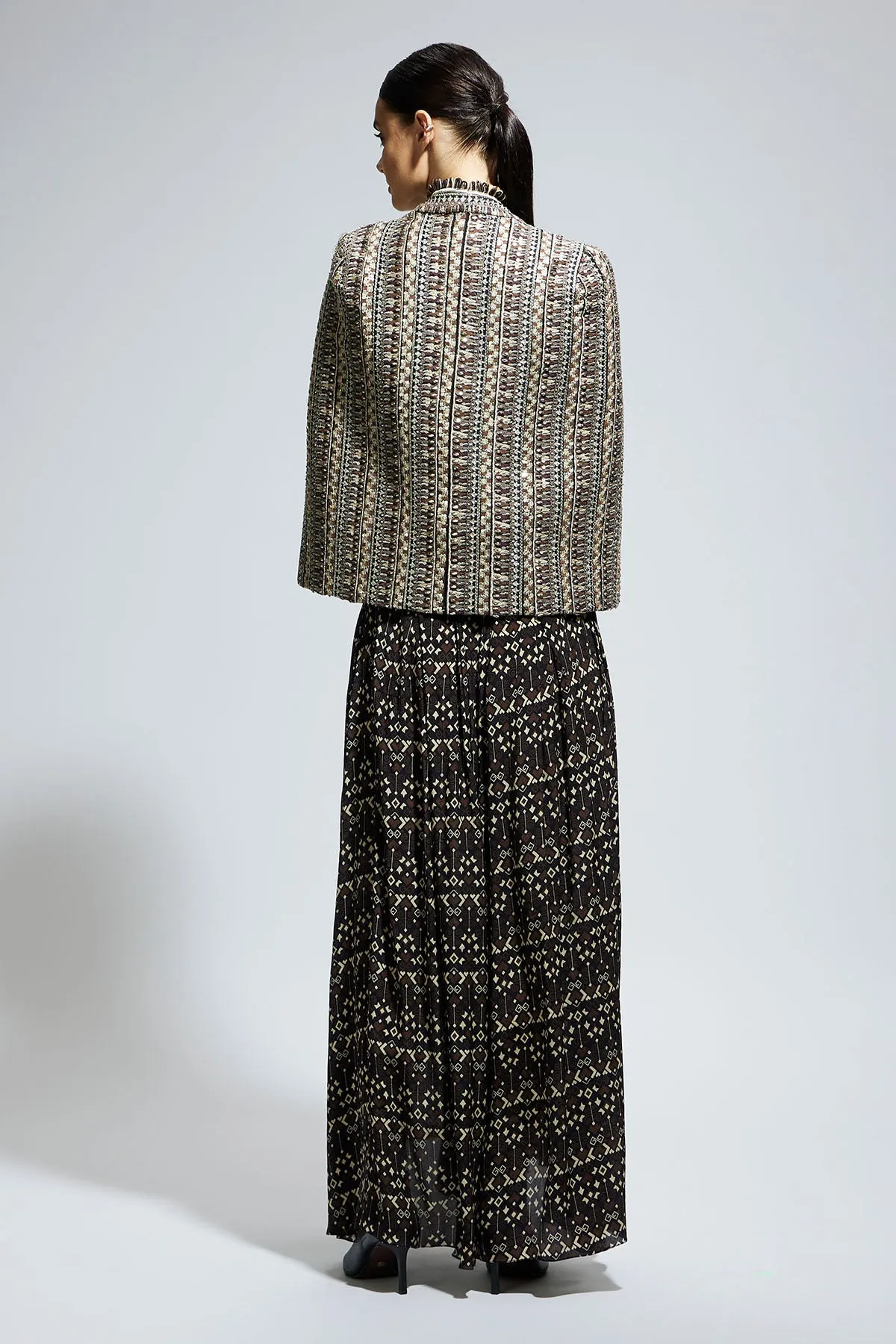 Brown Threadwork Cape Jacket Paired with Textured Bustier and Flared Pants