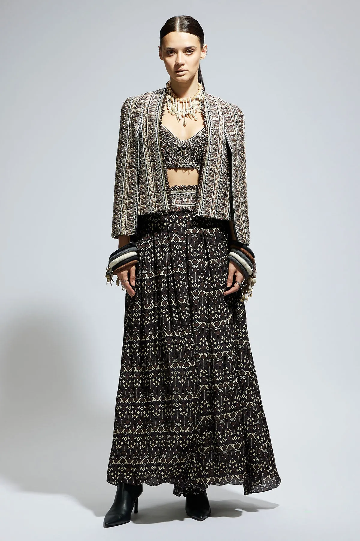 Brown Threadwork Cape Jacket Paired with Textured Bustier and Flared Pants