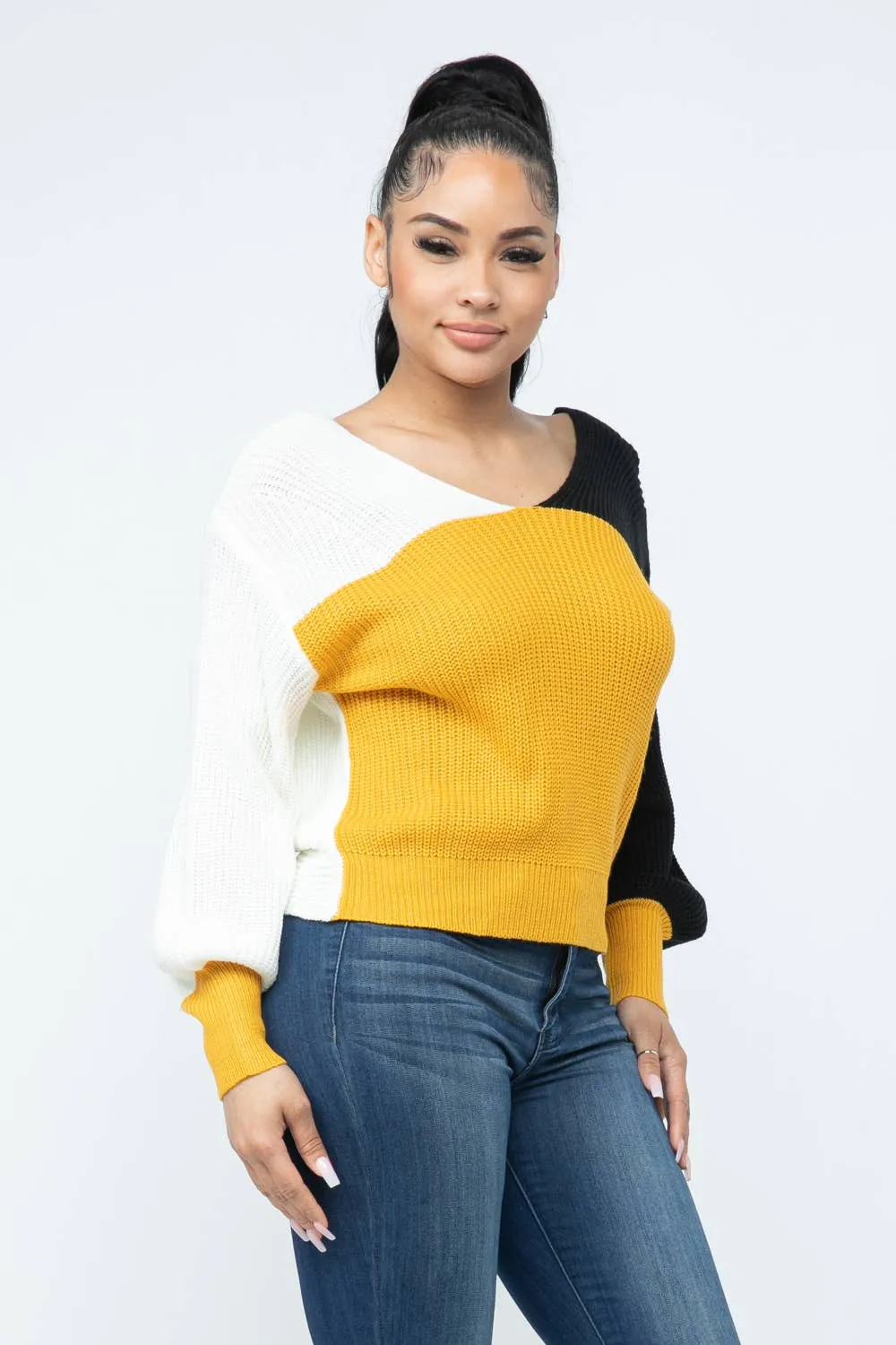 Color Block Twisted Open Back Loose Fit Cozy Sweater