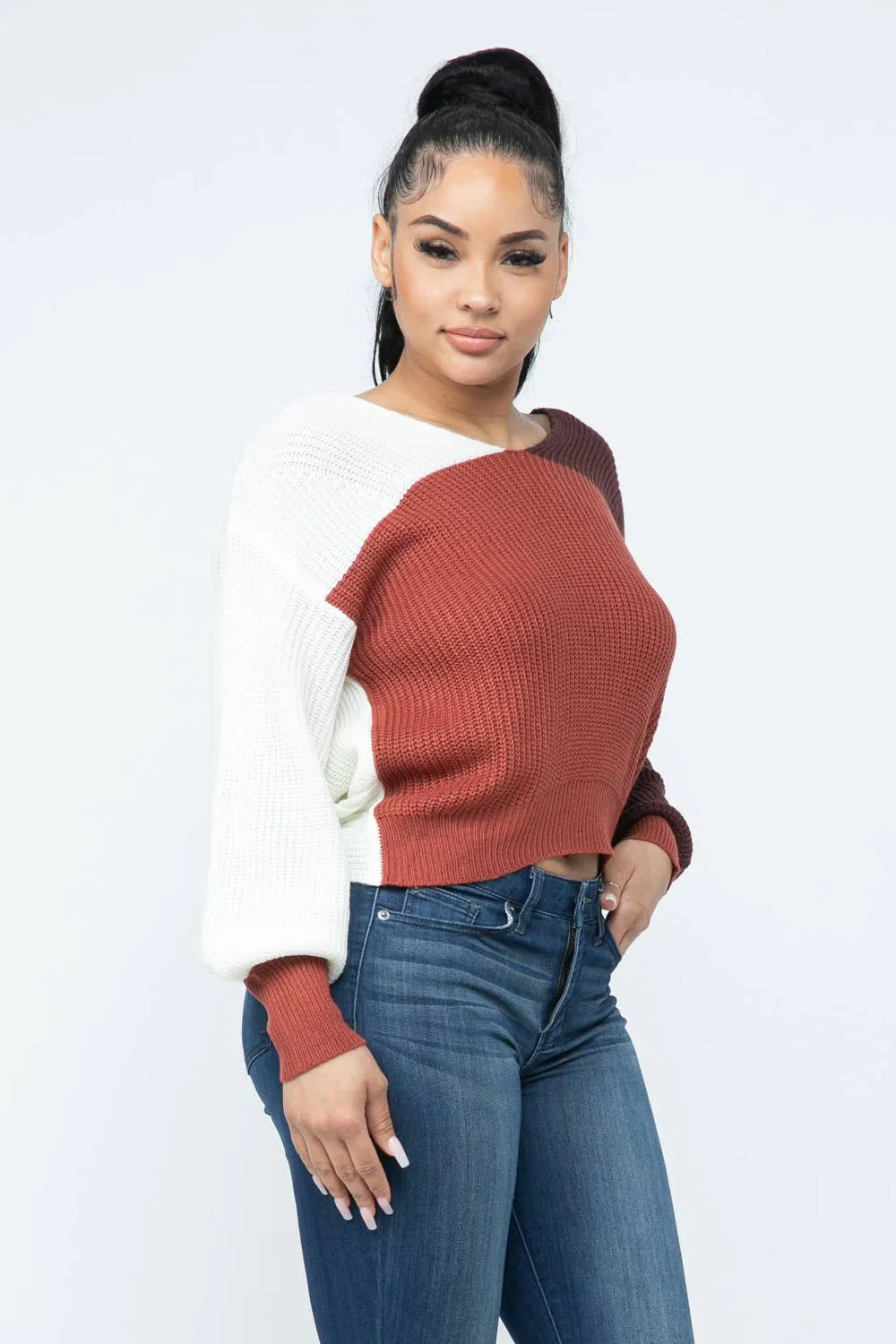 Color Block Twisted Open Back Loose Fit Cozy Sweater