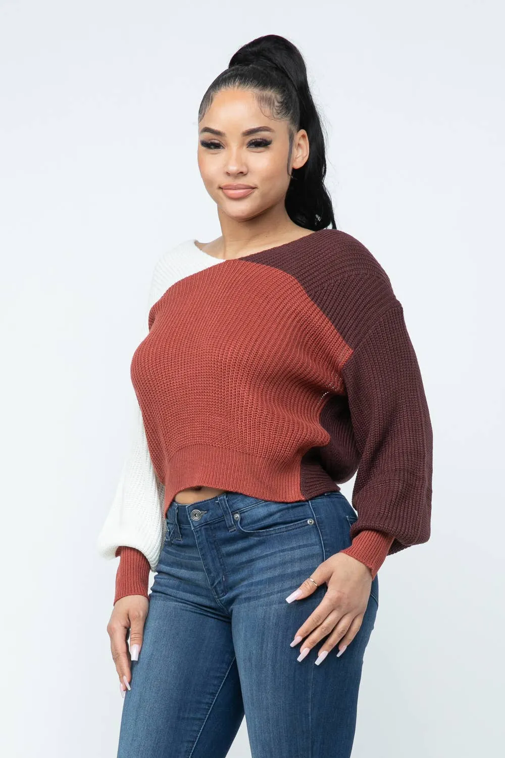 Color Block Twisted Open Back Loose Fit Cozy Sweater