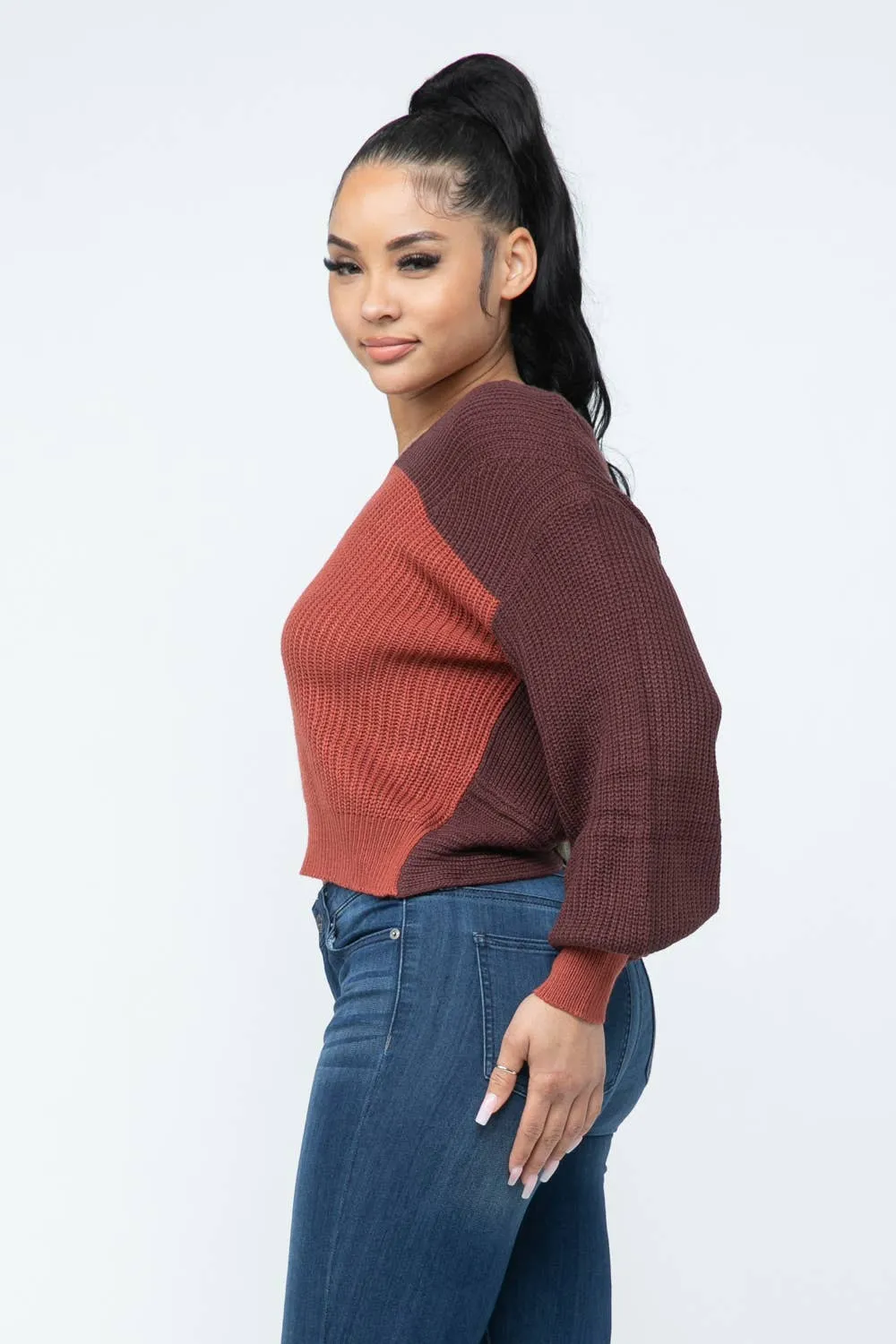 Color Block Twisted Open Back Loose Fit Cozy Sweater
