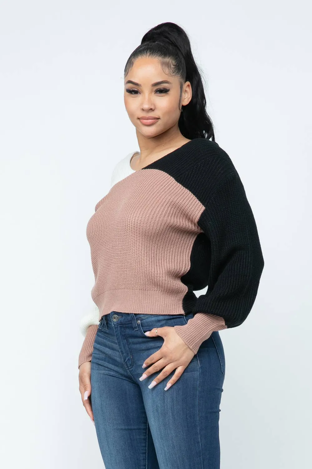 Color Block Twisted Open Back Loose Fit Cozy Sweater