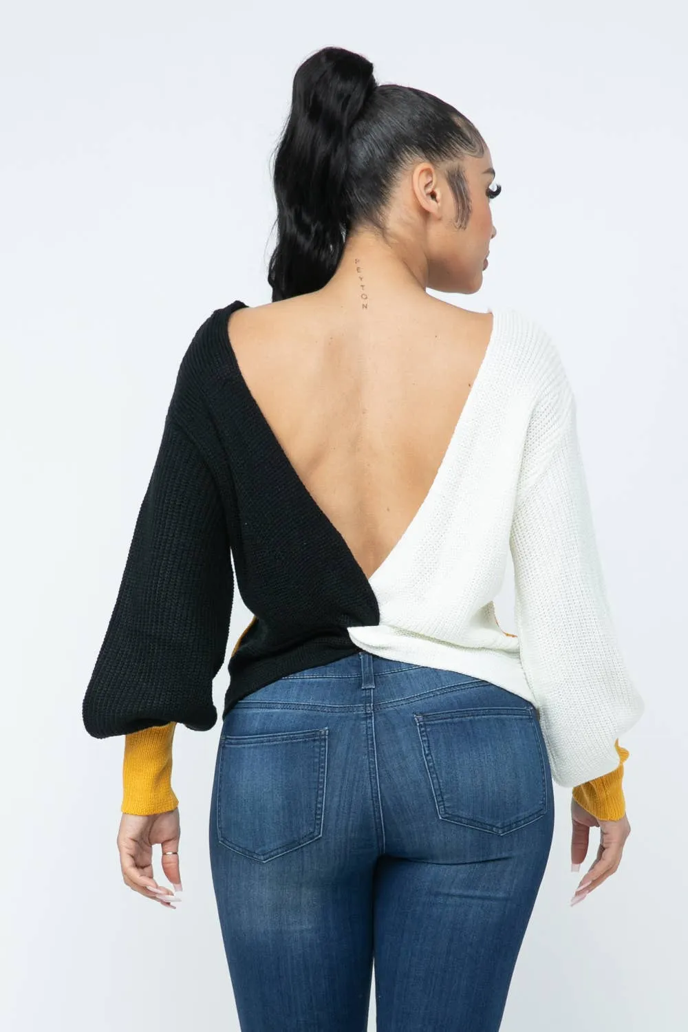 Color Block Twisted Open Back Loose Fit Cozy Sweater