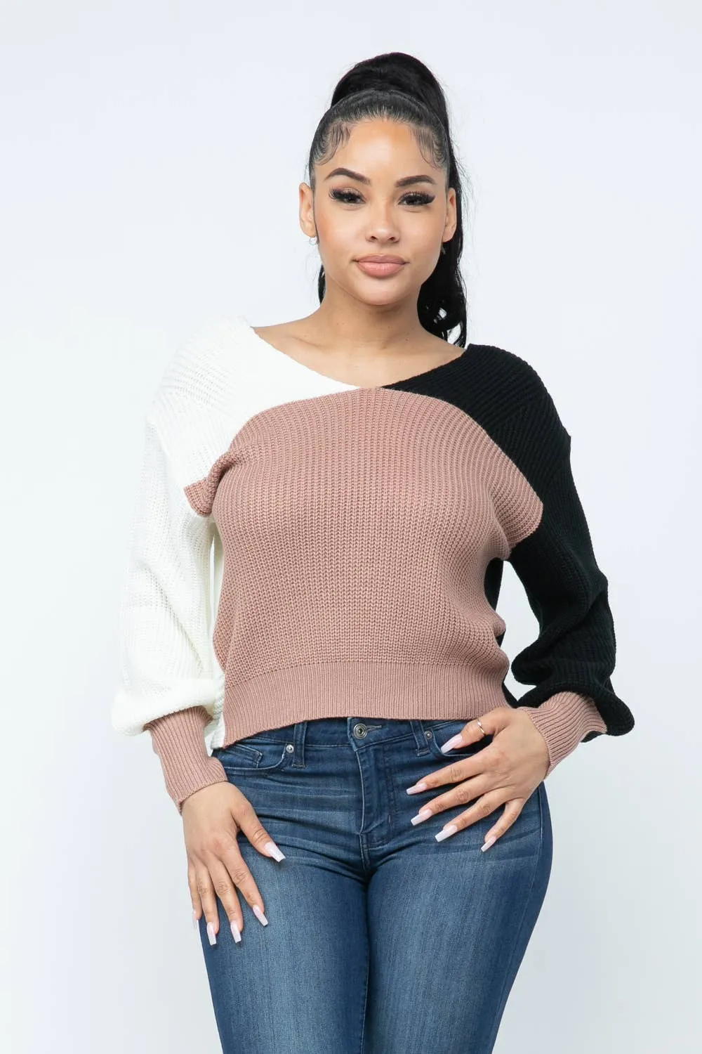 Color Block Twisted Open Back Loose Fit Cozy Sweater