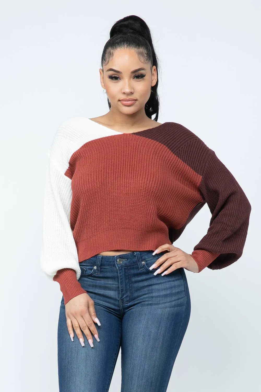 Color Block Twisted Open Back Loose Fit Cozy Sweater