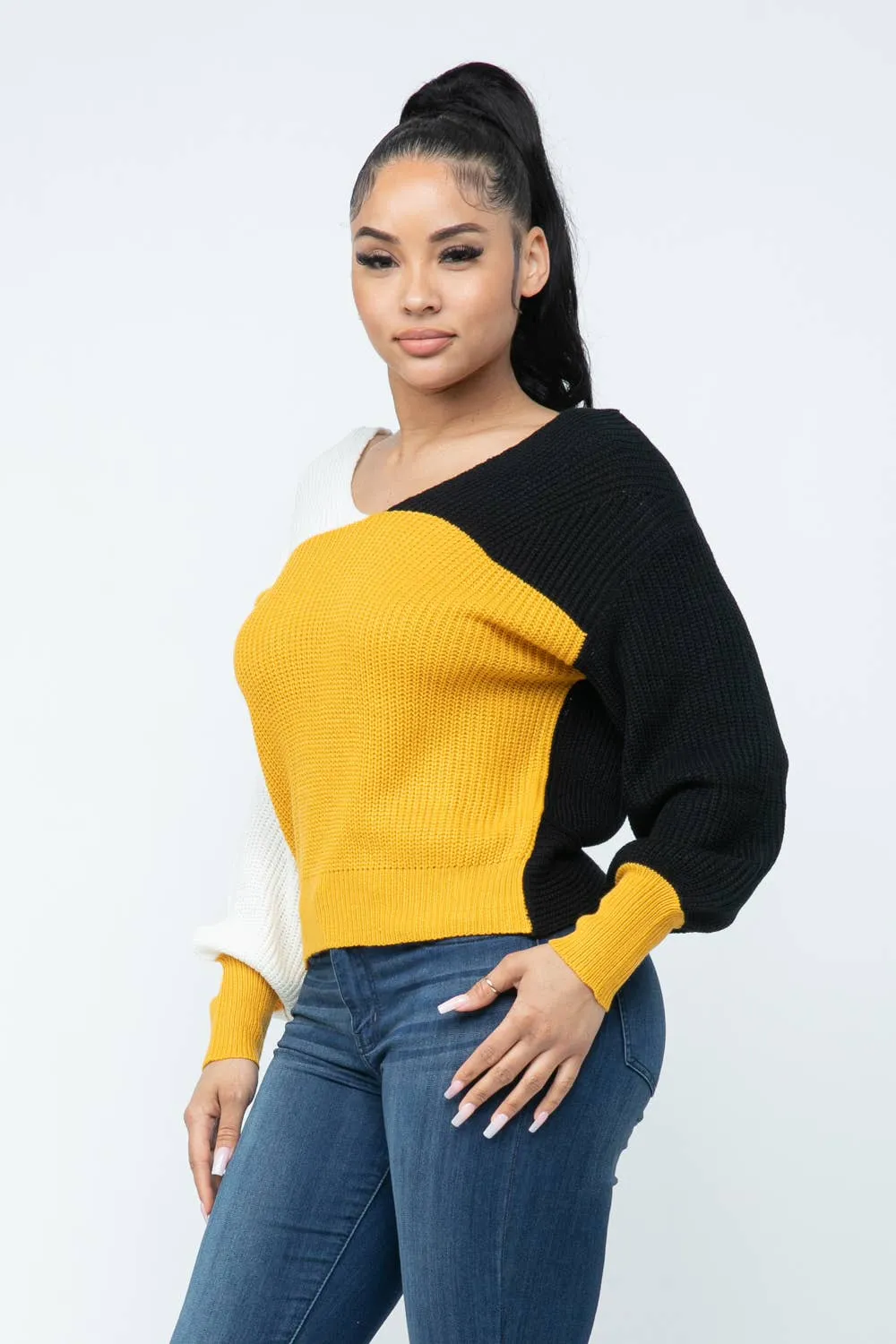 Color Block Twisted Open Back Loose Fit Cozy Sweater