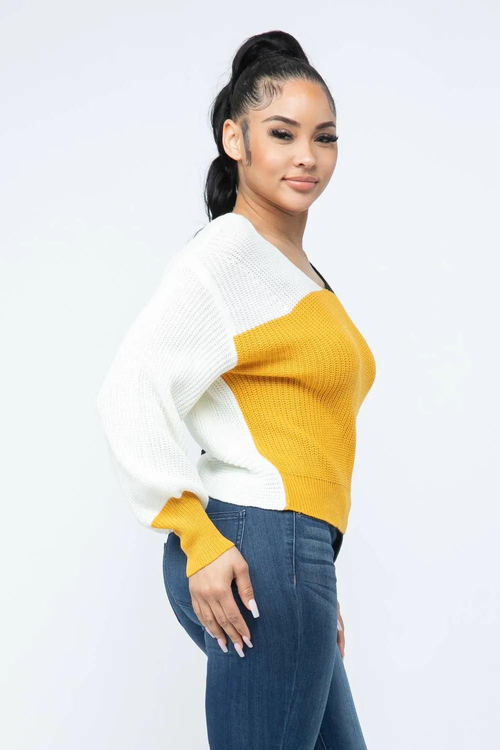 Color Block Twisted Open Back Loose Fit Cozy Sweater