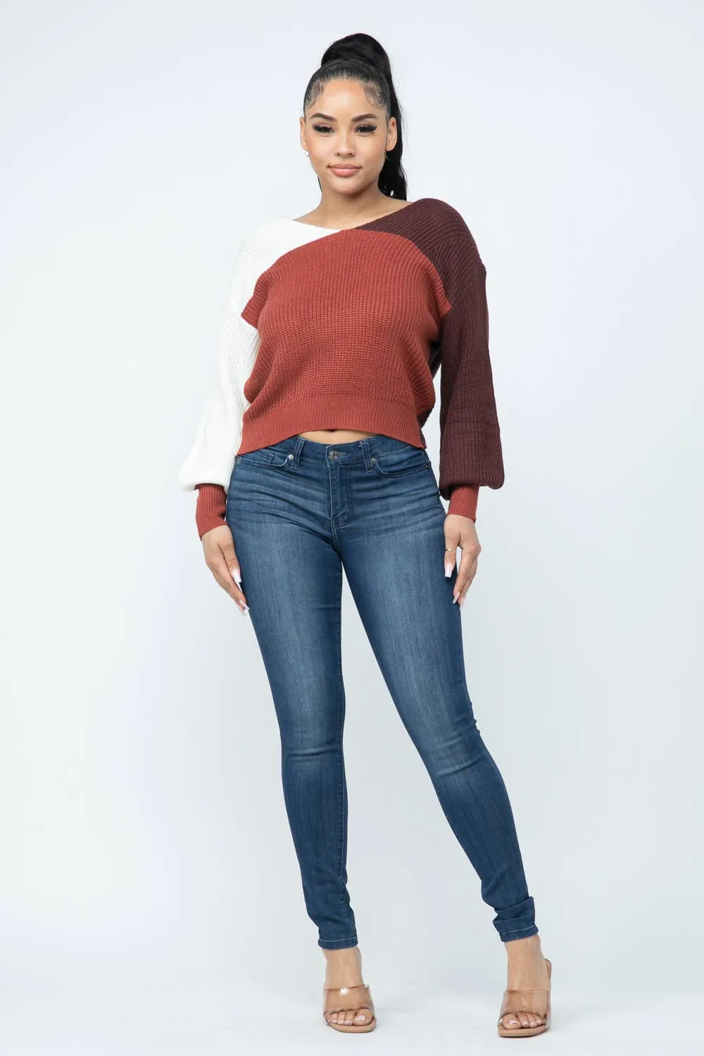 Color Block Twisted Open Back Loose Fit Cozy Sweater