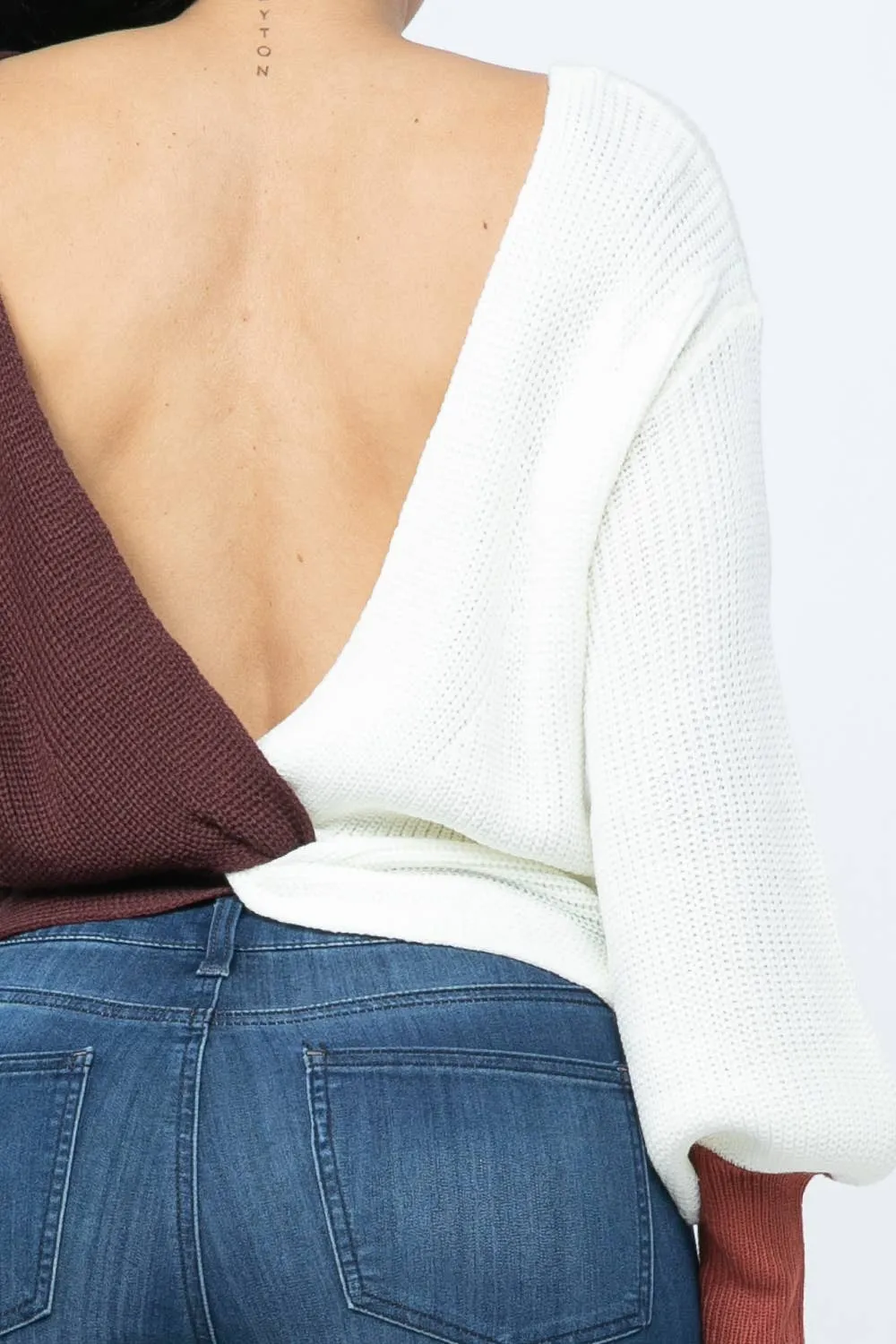Color Block Twisted Open Back Loose Fit Cozy Sweater