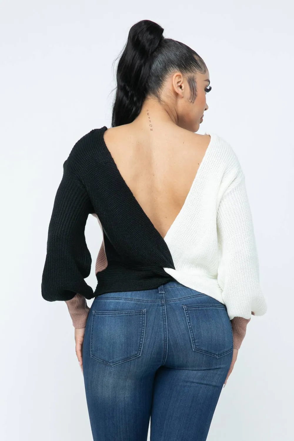 Color Block Twisted Open Back Loose Fit Cozy Sweater