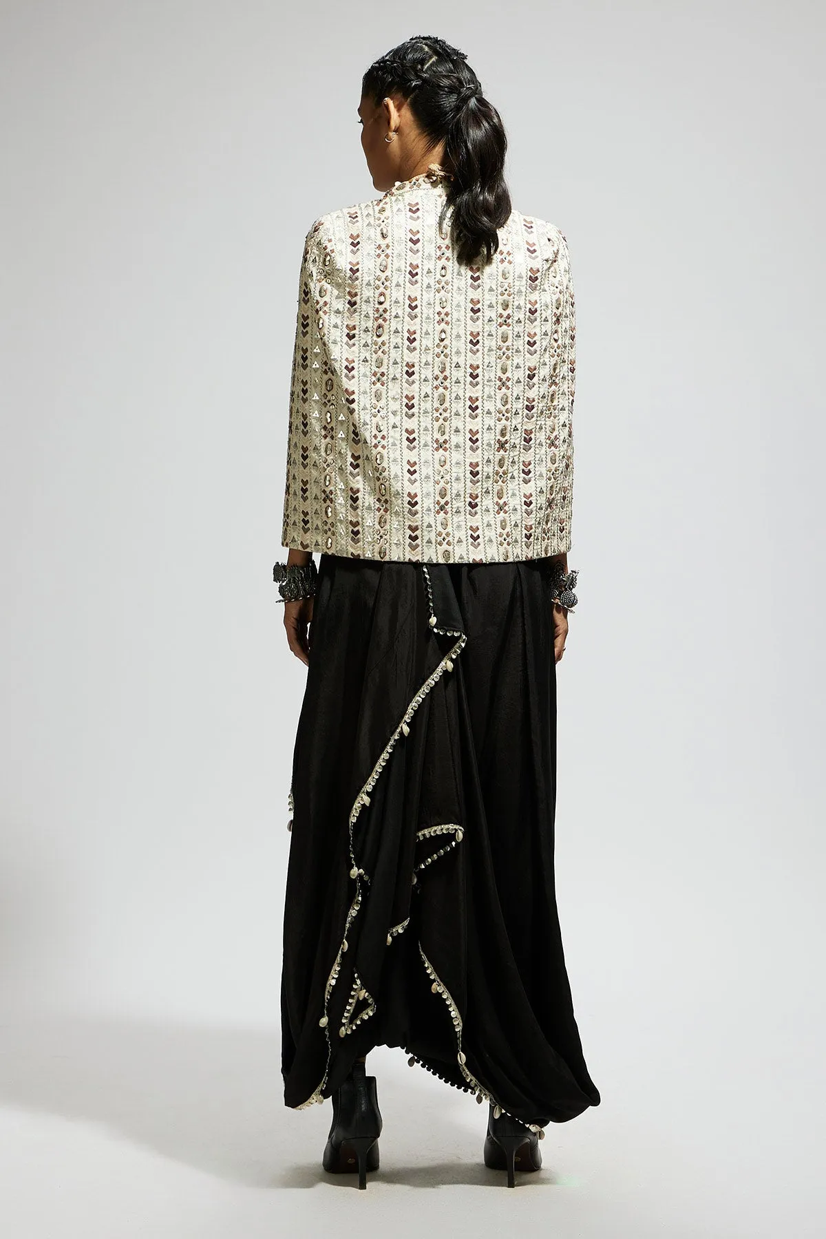 Ivory Embellished Cape Jacket Paired with Textured Bustier and Drape Skirt