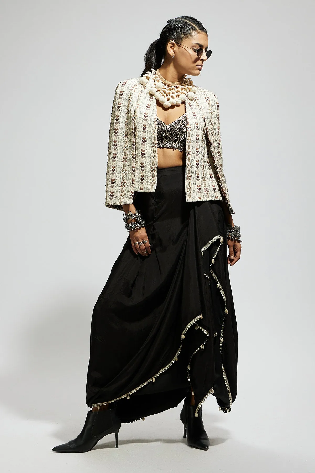 Ivory Embellished Cape Jacket Paired with Textured Bustier and Drape Skirt