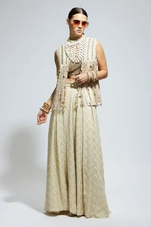 Ivory Threadwork Fringe Jacket Paired Wth Scallop Metallic Bustier and Ivory Aztec Flared Pants