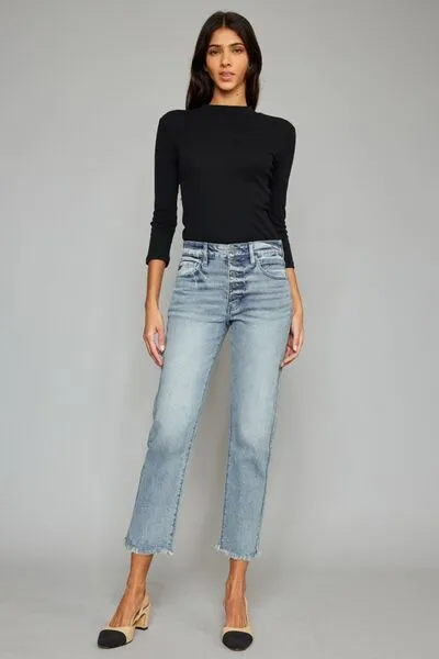 Kancan High Waist Button Fly Raw Hem Cropped Straight Jeans (Online Only)