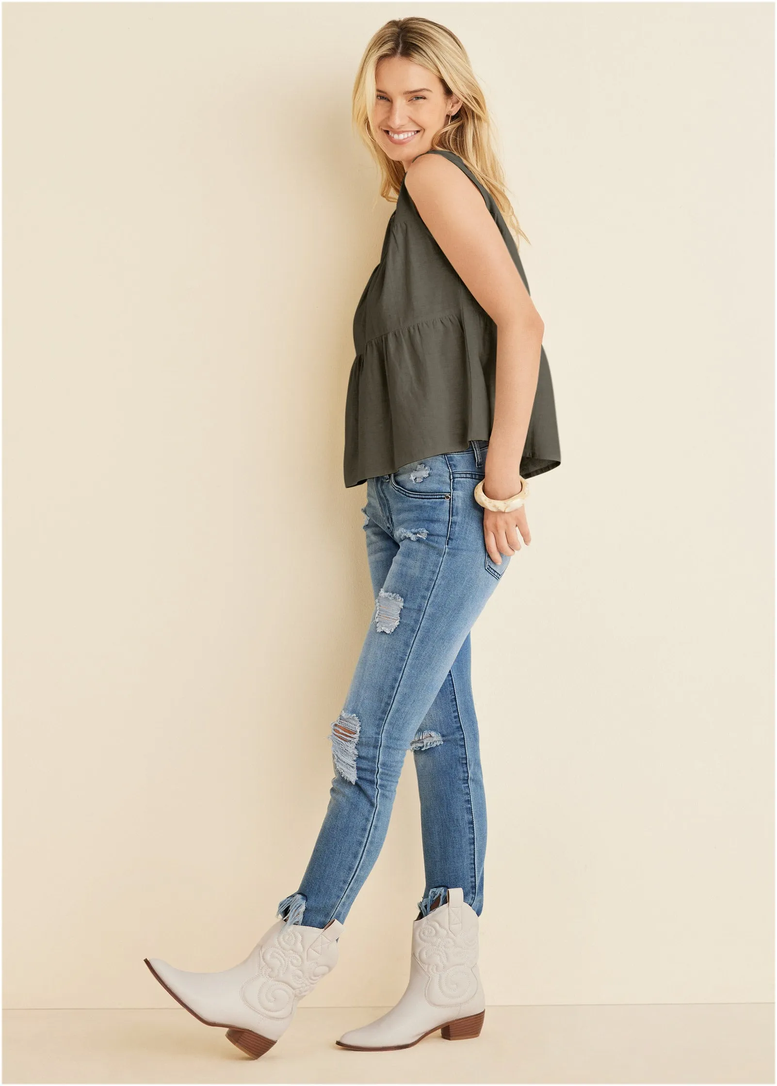 Linen Tiered Tank Top - Olive