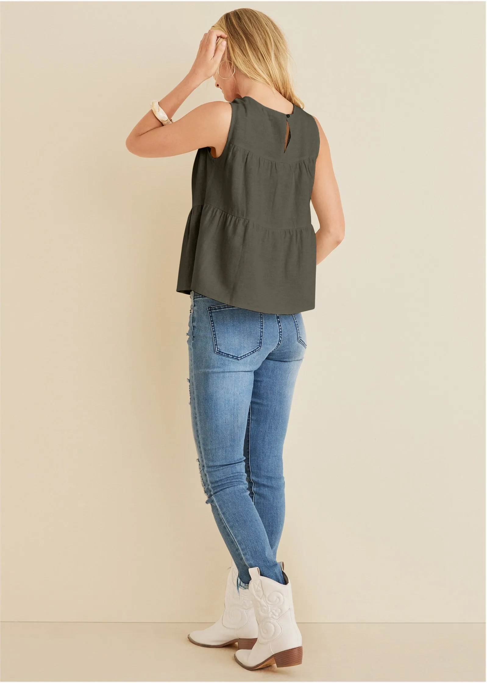 Linen Tiered Tank Top - Olive