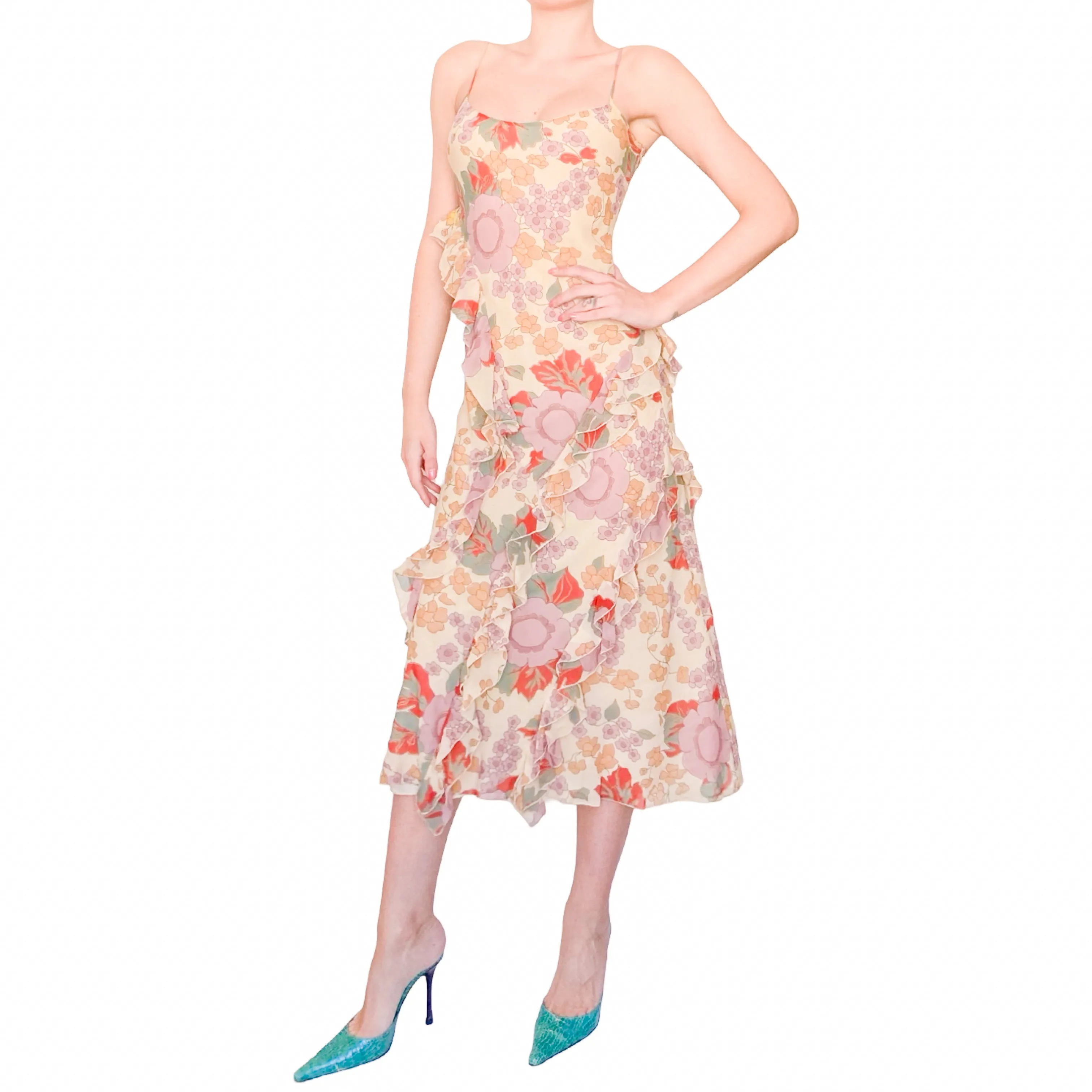 Luxury Italian Designer 90s silk ruffled maxi dress