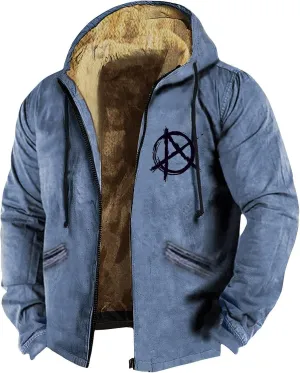 Men's Solid Color Flag Print Fleece Jacket Winter Casual Trend Zipper Hooded Coat Heavy Work Warm Outerwear
