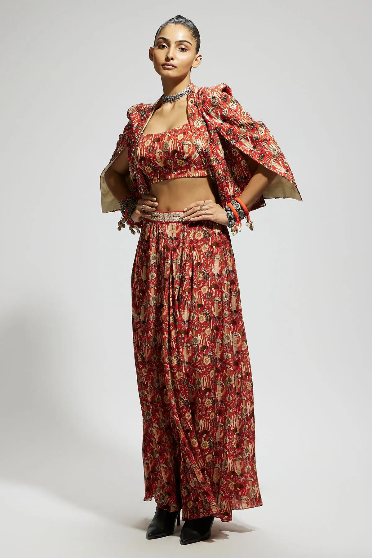 Orange Jaal Heavily Embellished Cape Jacket Set