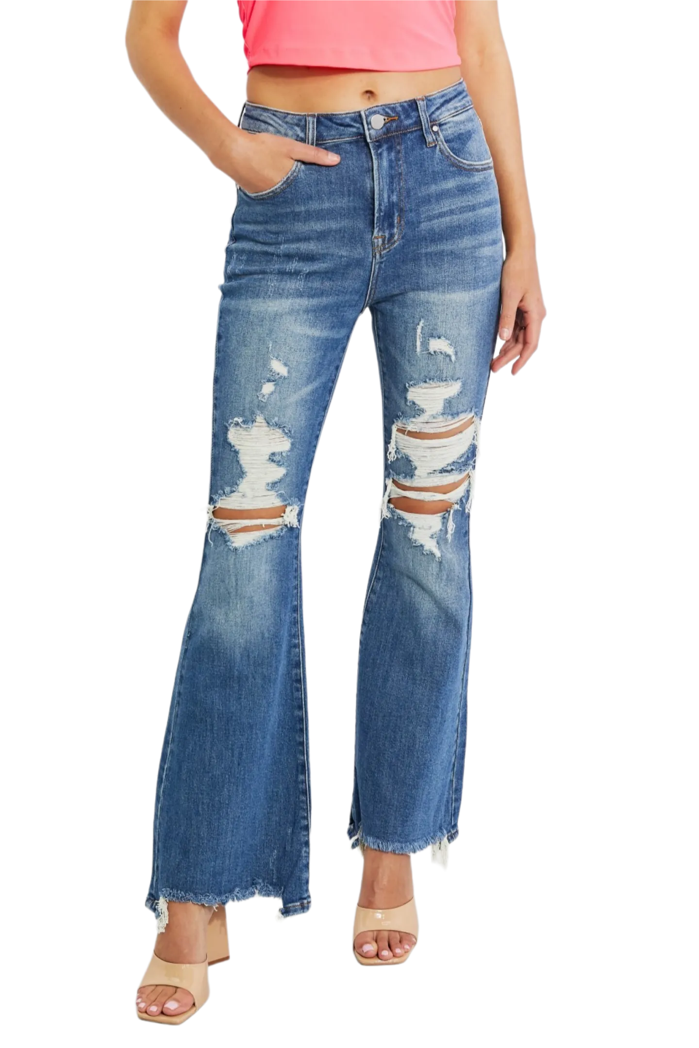 RISEN Full Size Hazel High Rise Distressed Flare Jeans