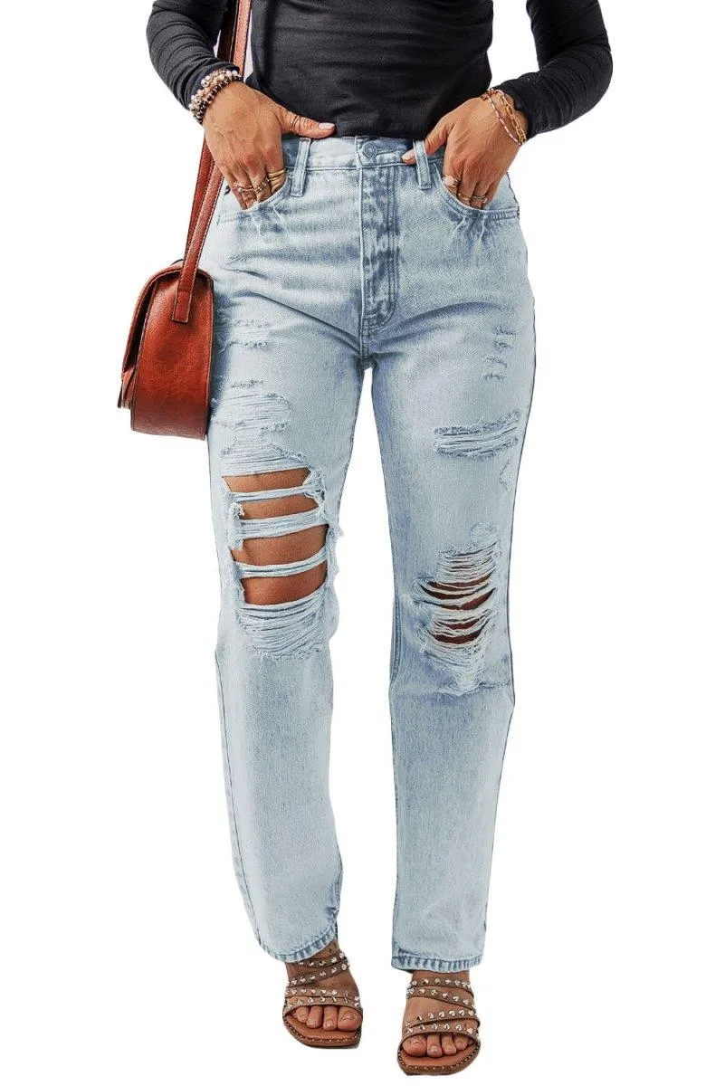 Vintage Distressed Acid Wash Blue Straight Leg Jeans
