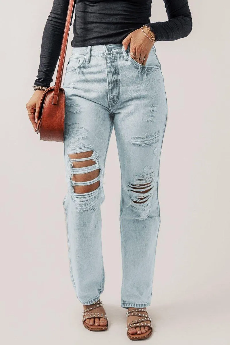 Vintage Distressed Acid Wash Blue Straight Leg Jeans