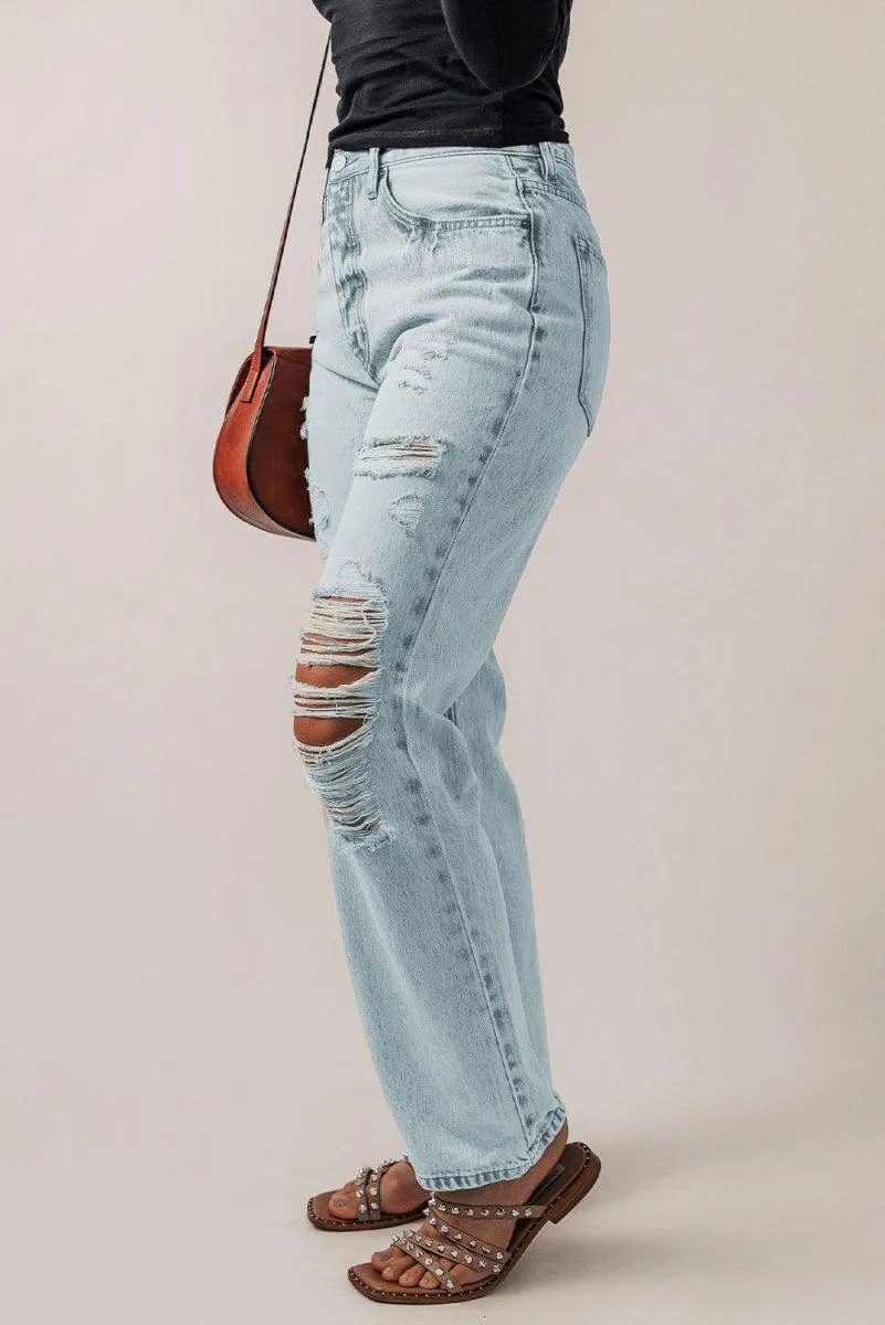 Vintage Distressed Acid Wash Blue Straight Leg Jeans