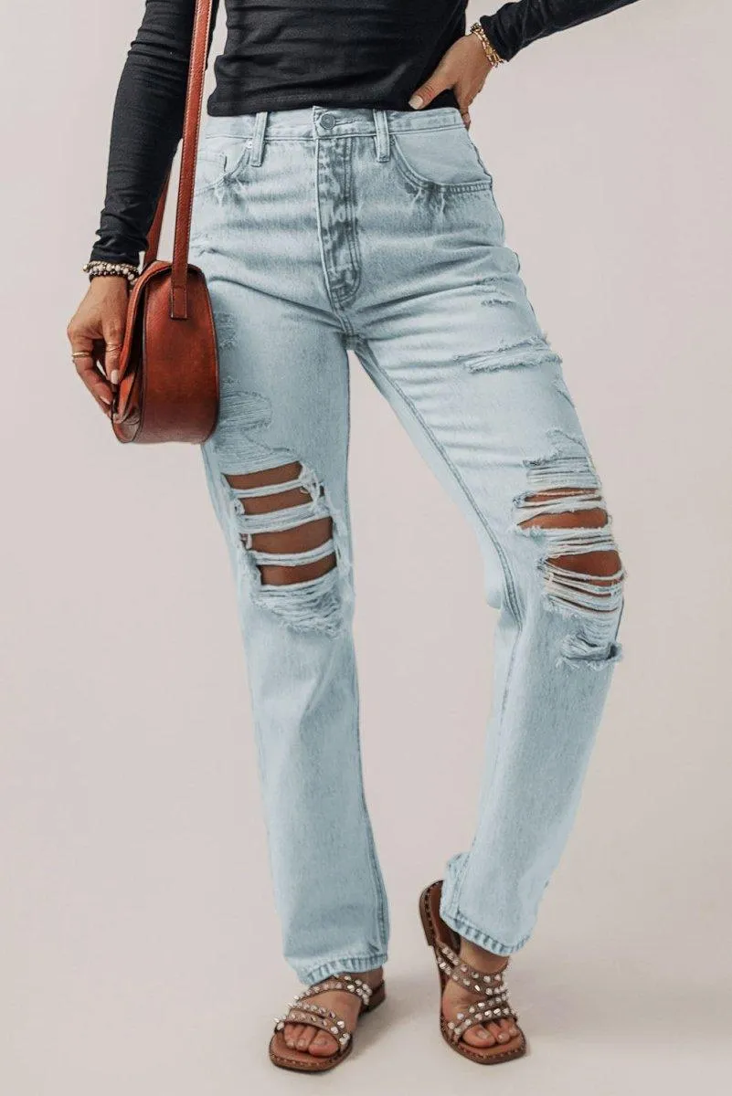 Vintage Distressed Acid Wash Blue Straight Leg Jeans