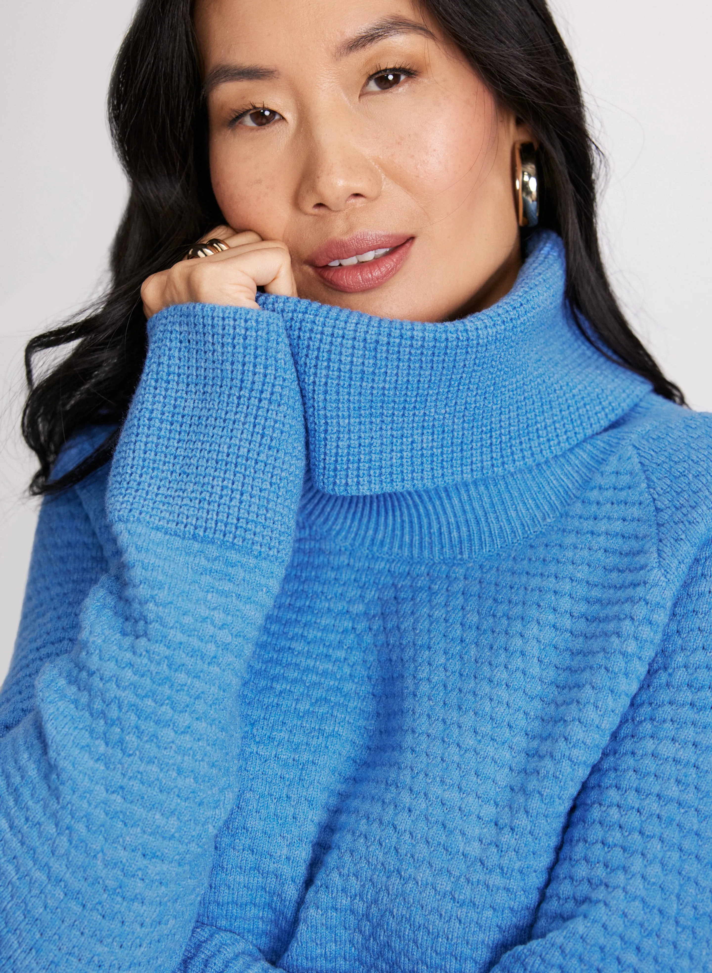 Waffle Knit Cowl Neck Sweater