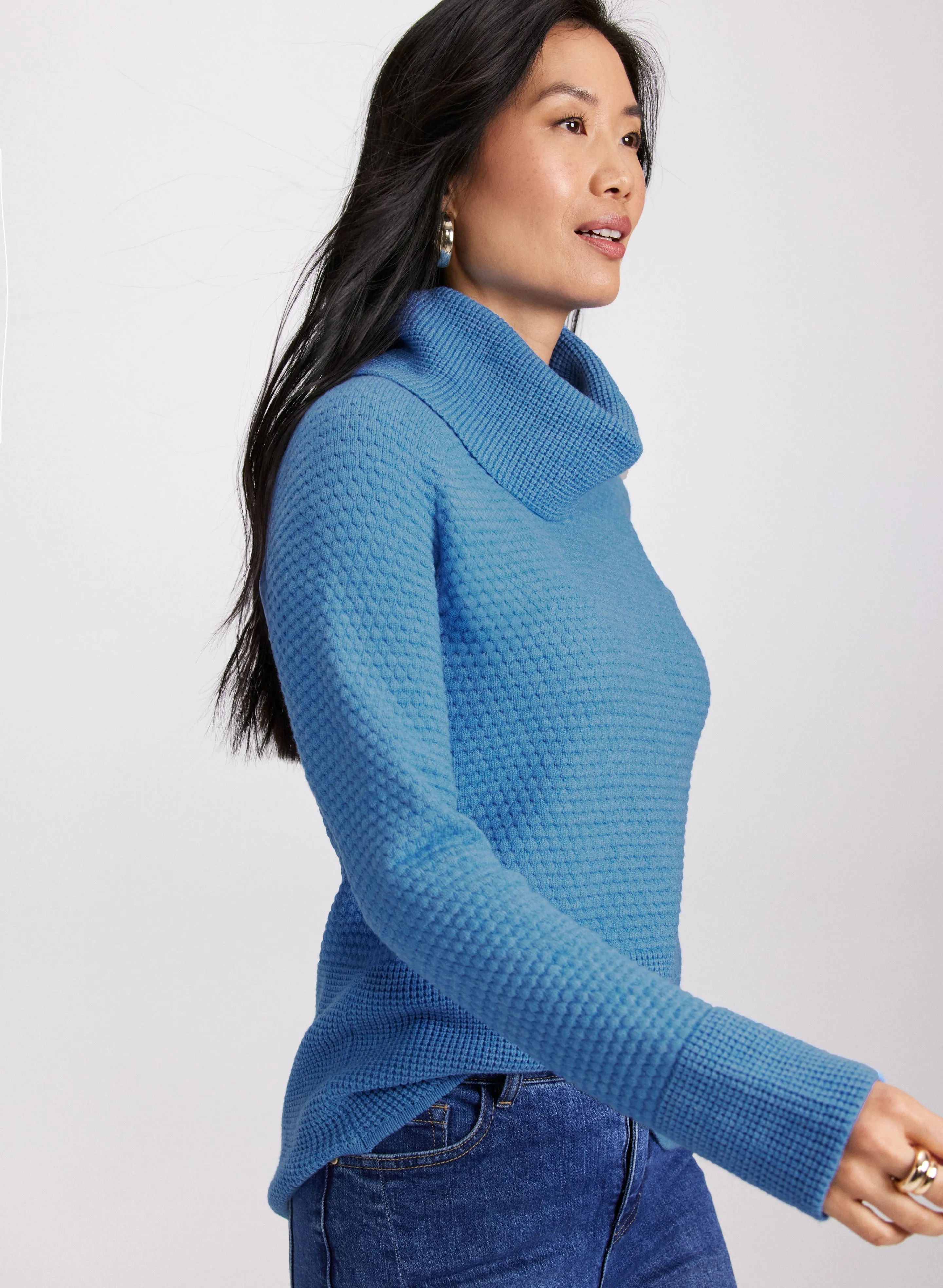 Waffle Knit Cowl Neck Sweater
