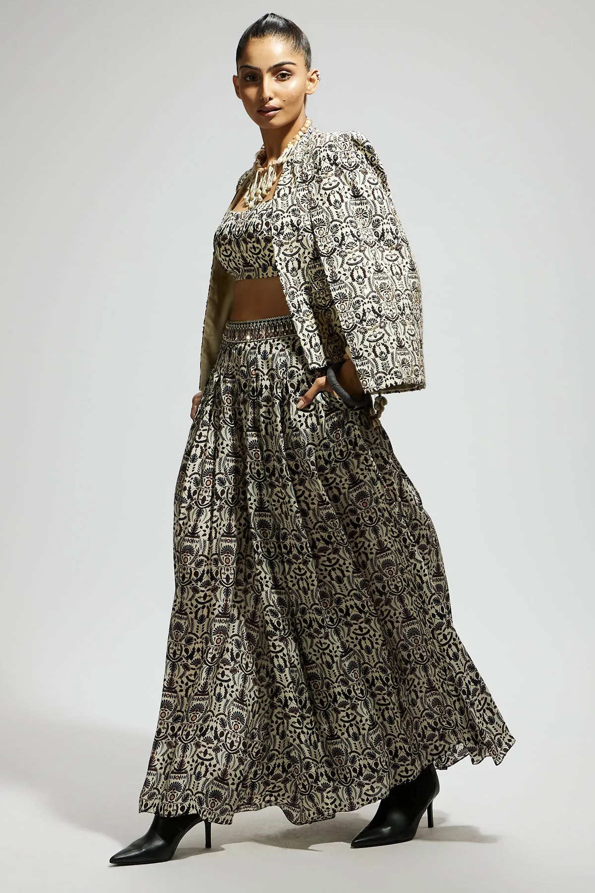 White Embellished Jaal Cape Jacket Set
