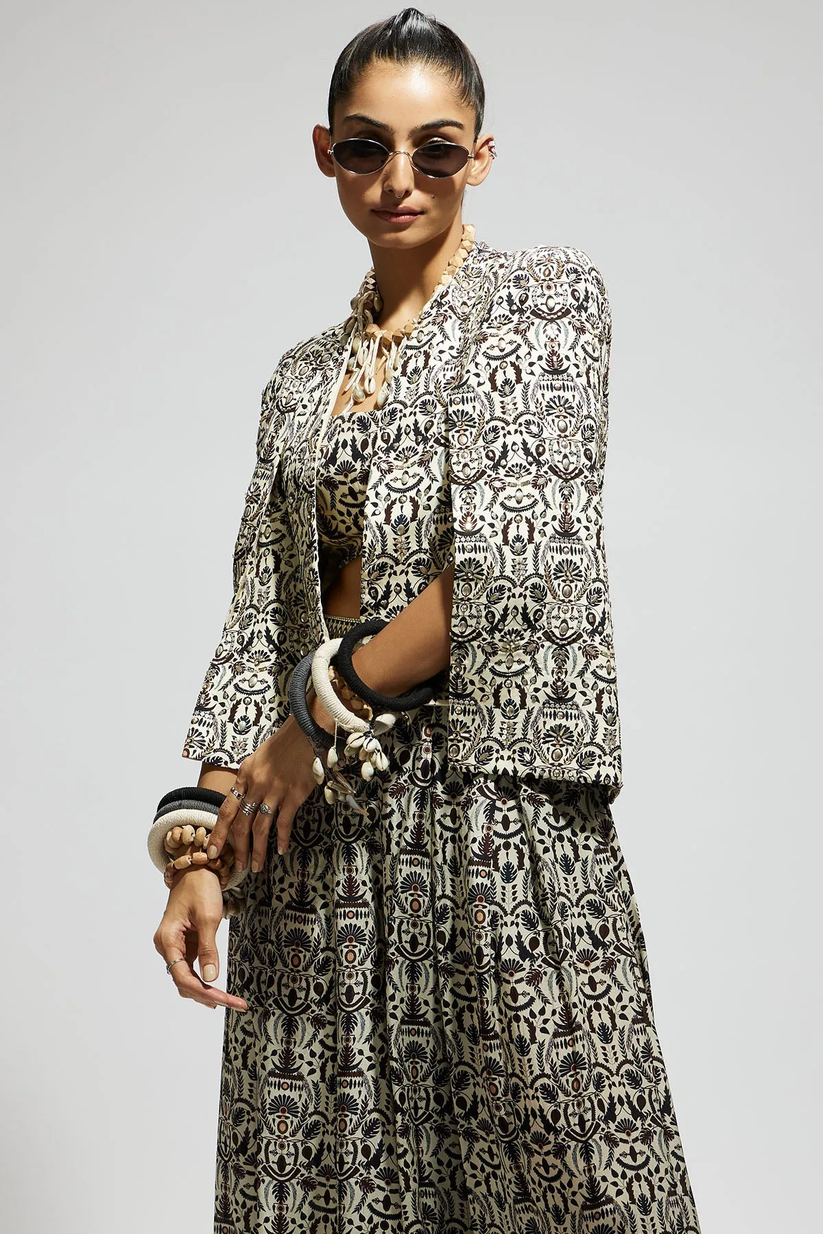 White Embellished Jaal Cape Jacket Set