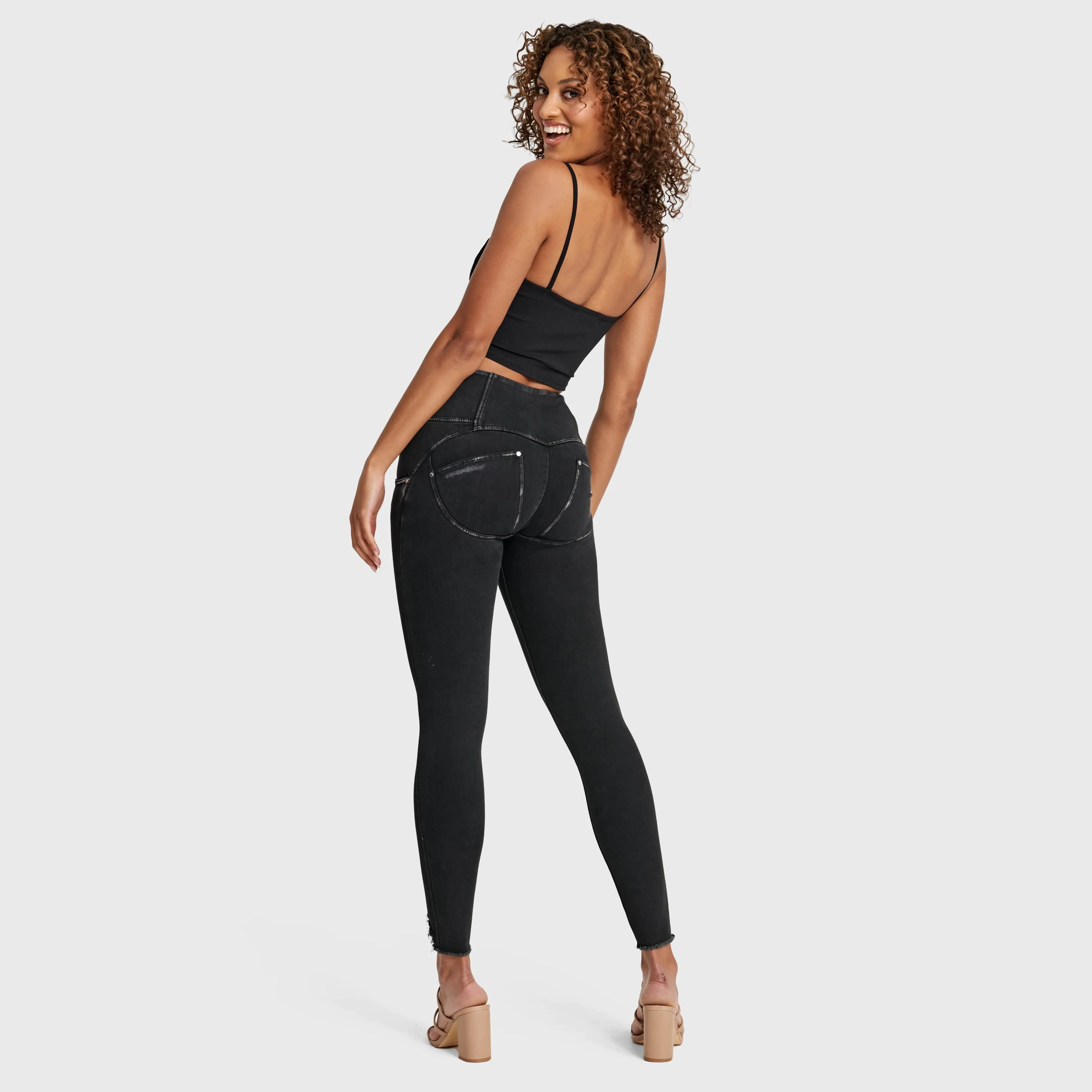 WR.UP Snug Ripped Jeans - High Waisted - Full Length - Coated Black   Black Stitching