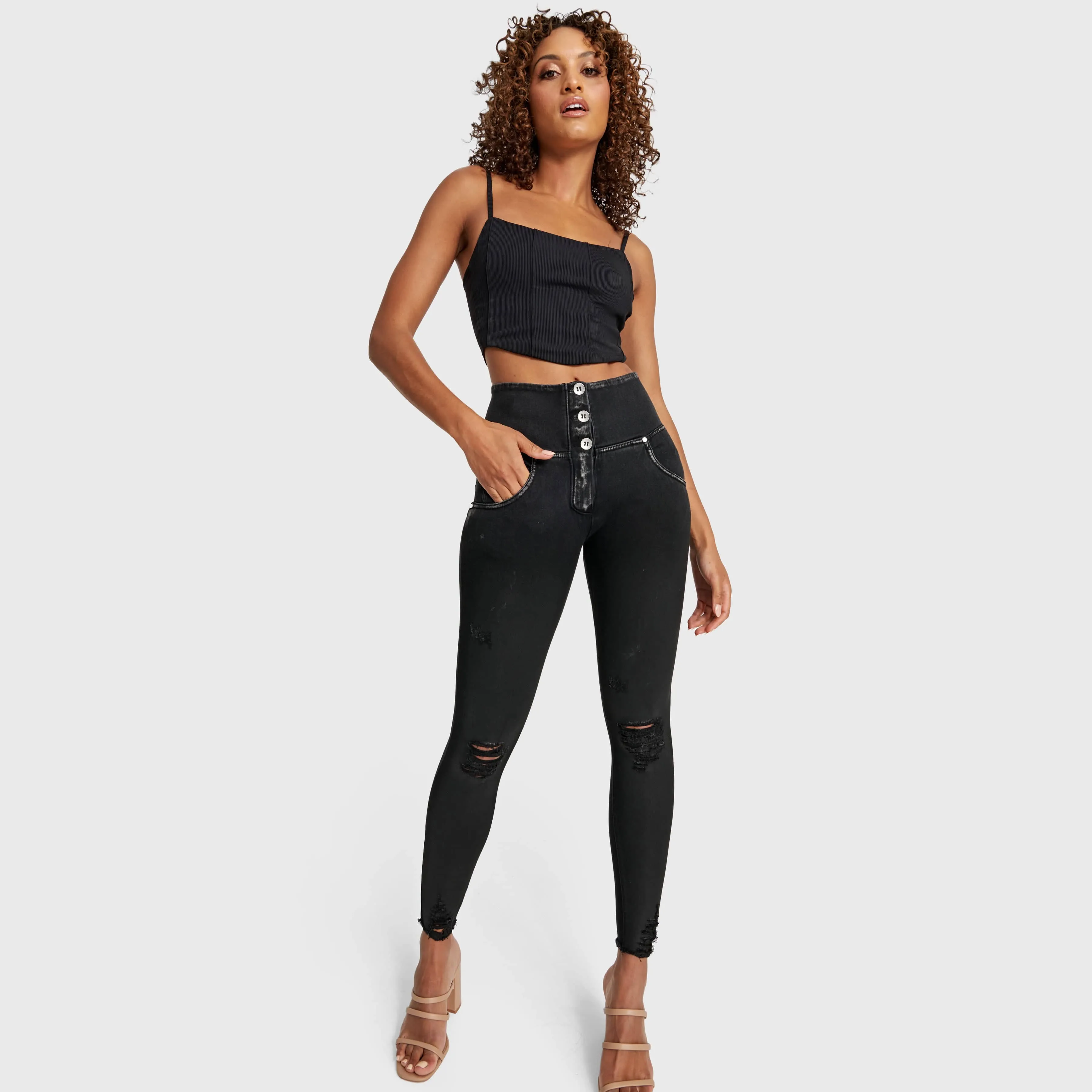 WR.UP Snug Ripped Jeans - High Waisted - Full Length - Coated Black   Black Stitching