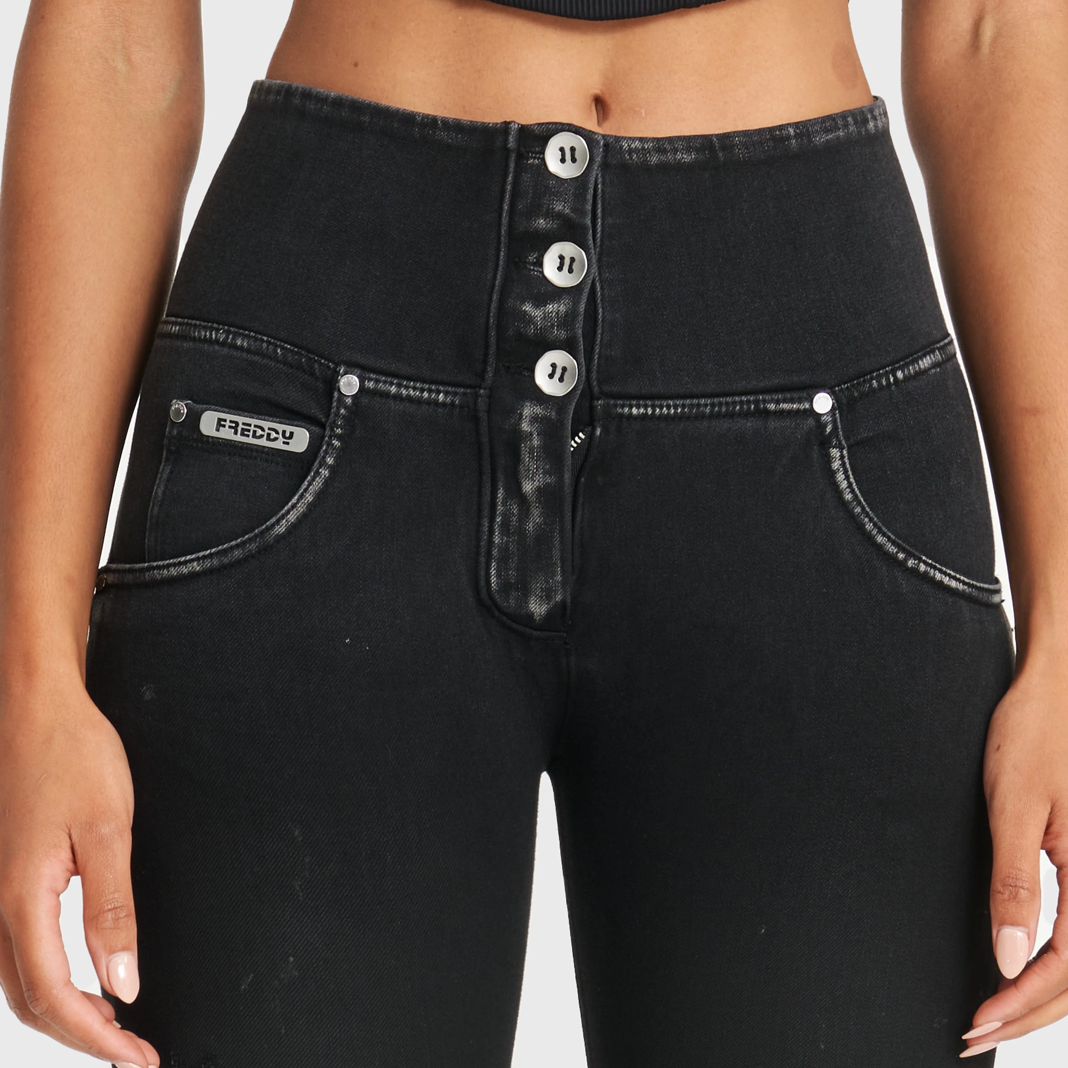 WR.UP Snug Ripped Jeans - High Waisted - Full Length - Coated Black   Black Stitching