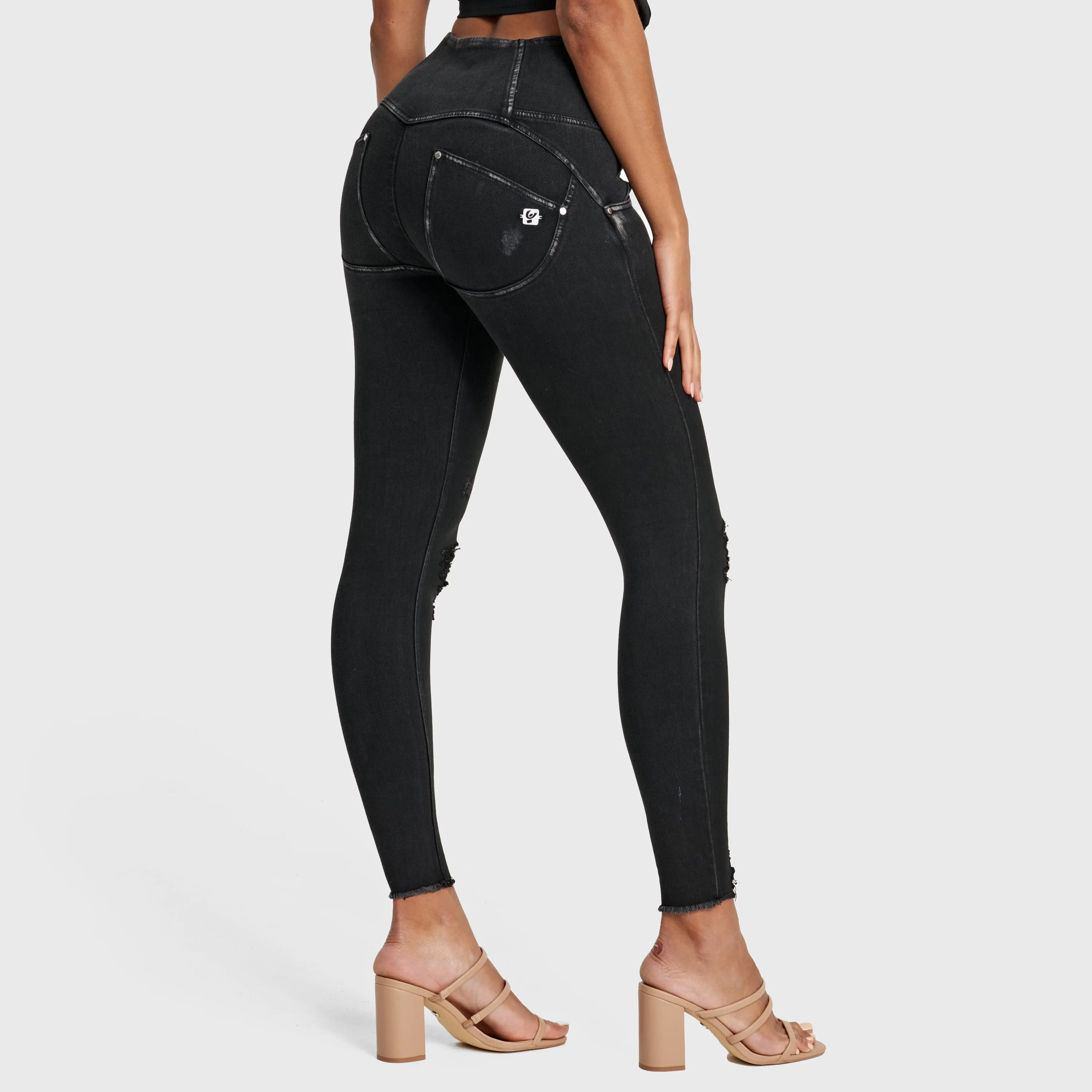 WR.UP Snug Ripped Jeans - High Waisted - Full Length - Coated Black   Black Stitching