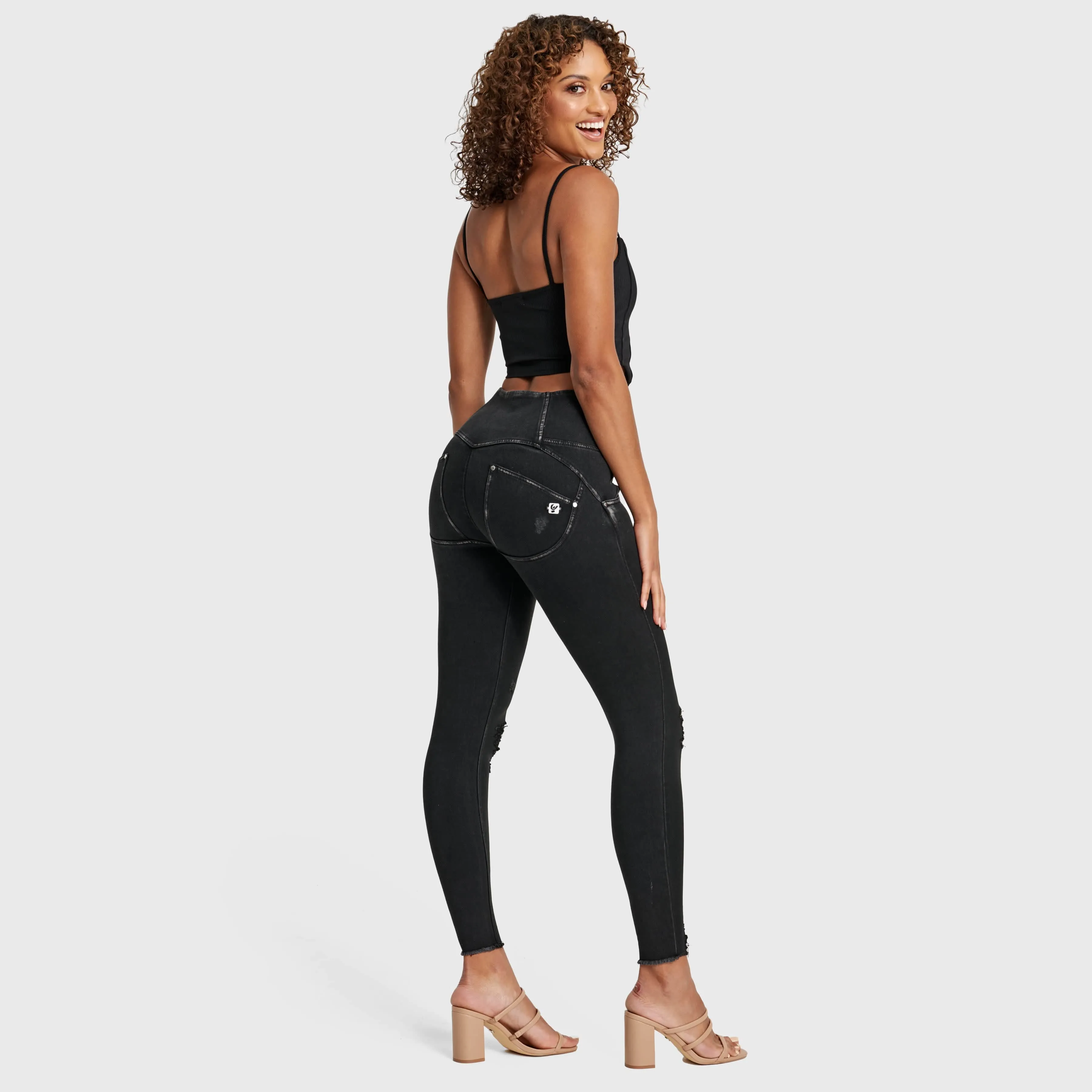 WR.UP Snug Ripped Jeans - High Waisted - Full Length - Coated Black   Black Stitching