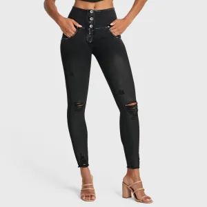 WR.UP Snug Ripped Jeans - High Waisted - Full Length - Coated Black   Black Stitching