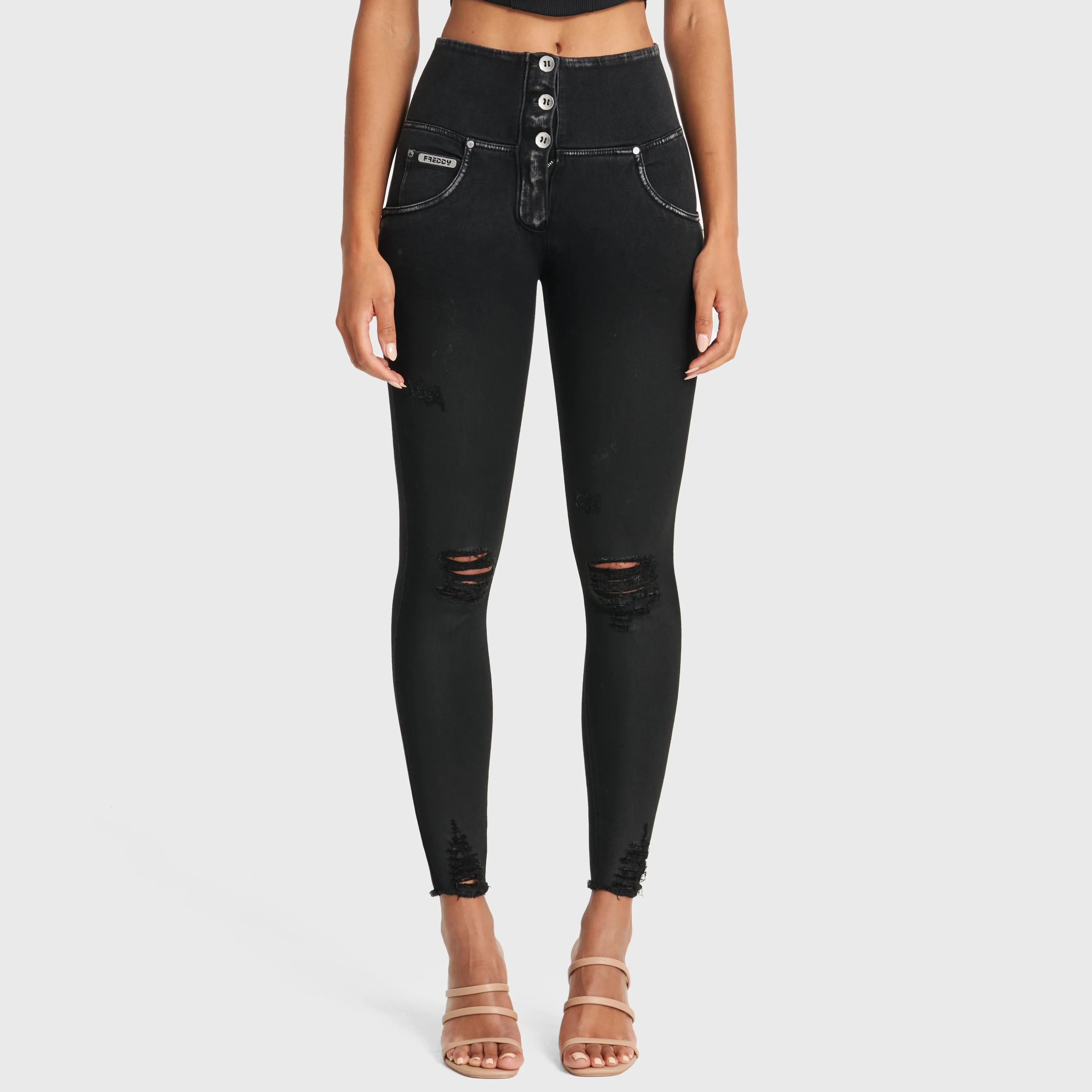 WR.UP Snug Ripped Jeans - High Waisted - Full Length - Coated Black   Black Stitching