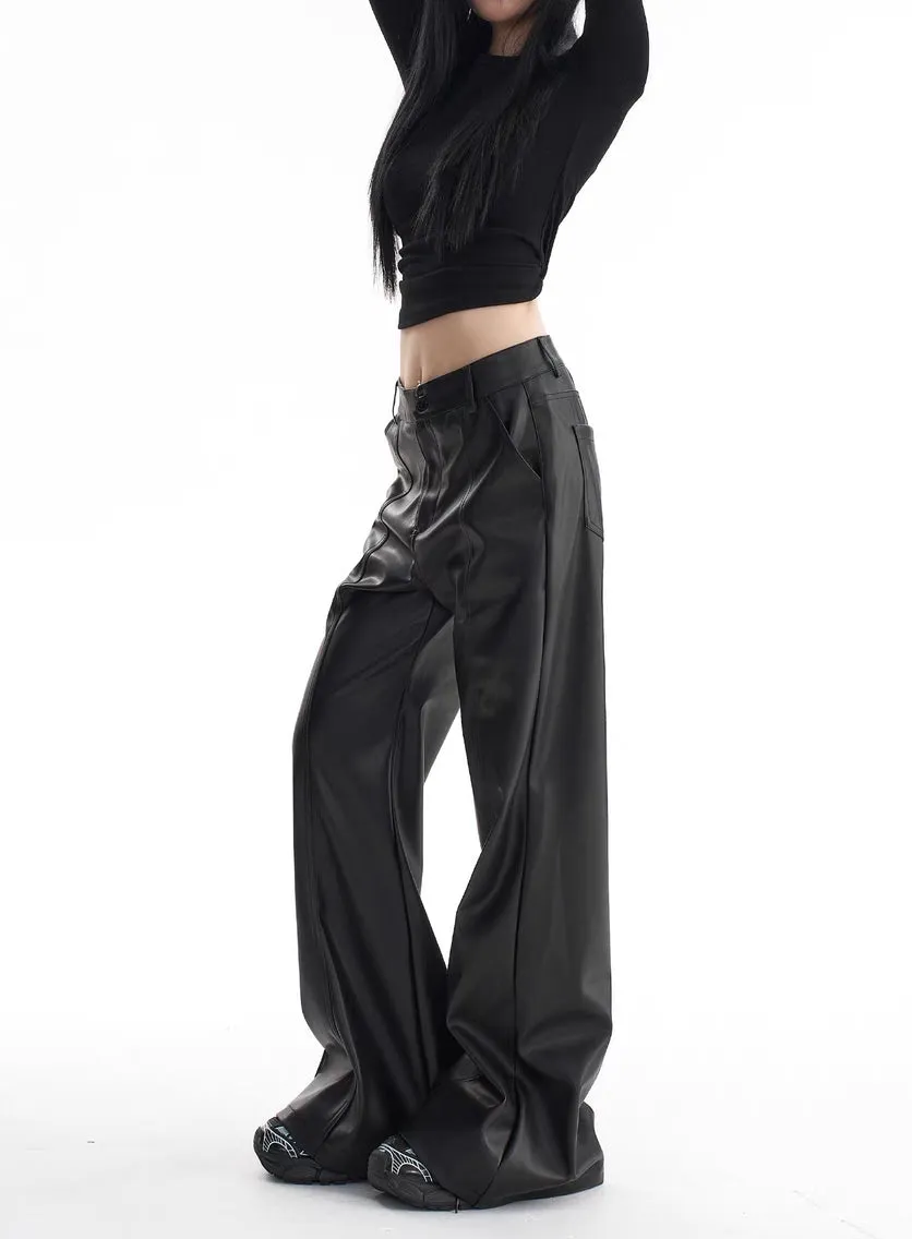 Y2K High Waist Faux Leather Wide Leg Pants